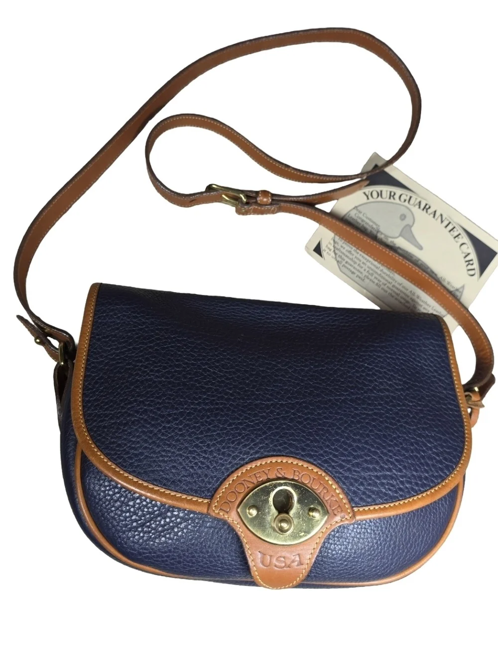Vintage Dooney & Bourke Cavalry Trooper Saddle Bag Navy Blue Tan AWL Crossbody